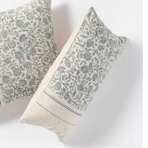 Studio McGee lumbar cream with blue floral pillow